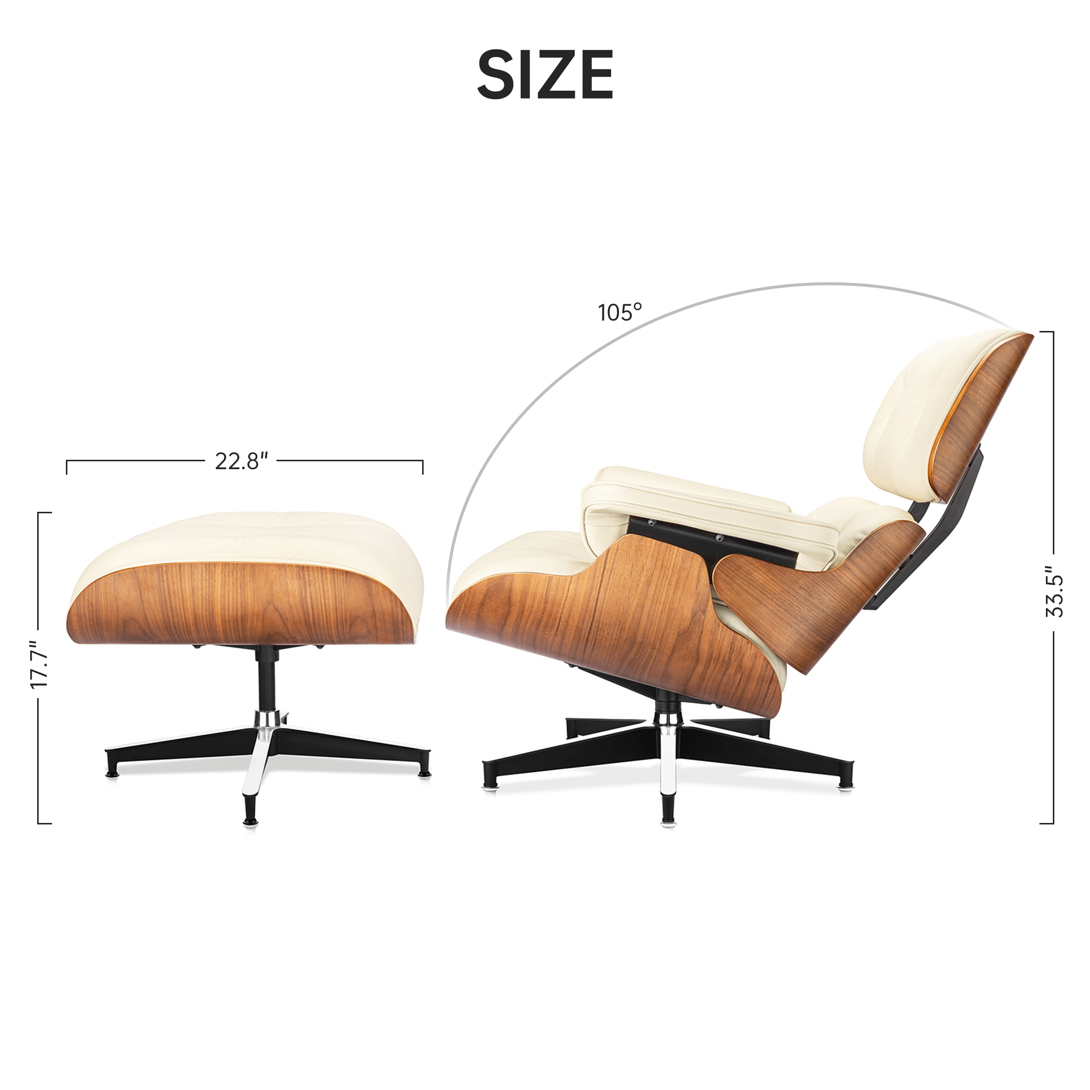 Mid - Century Lounge Chair and Ottoman - A+ Premium Taller Walnut wood - Beige - Vorthio