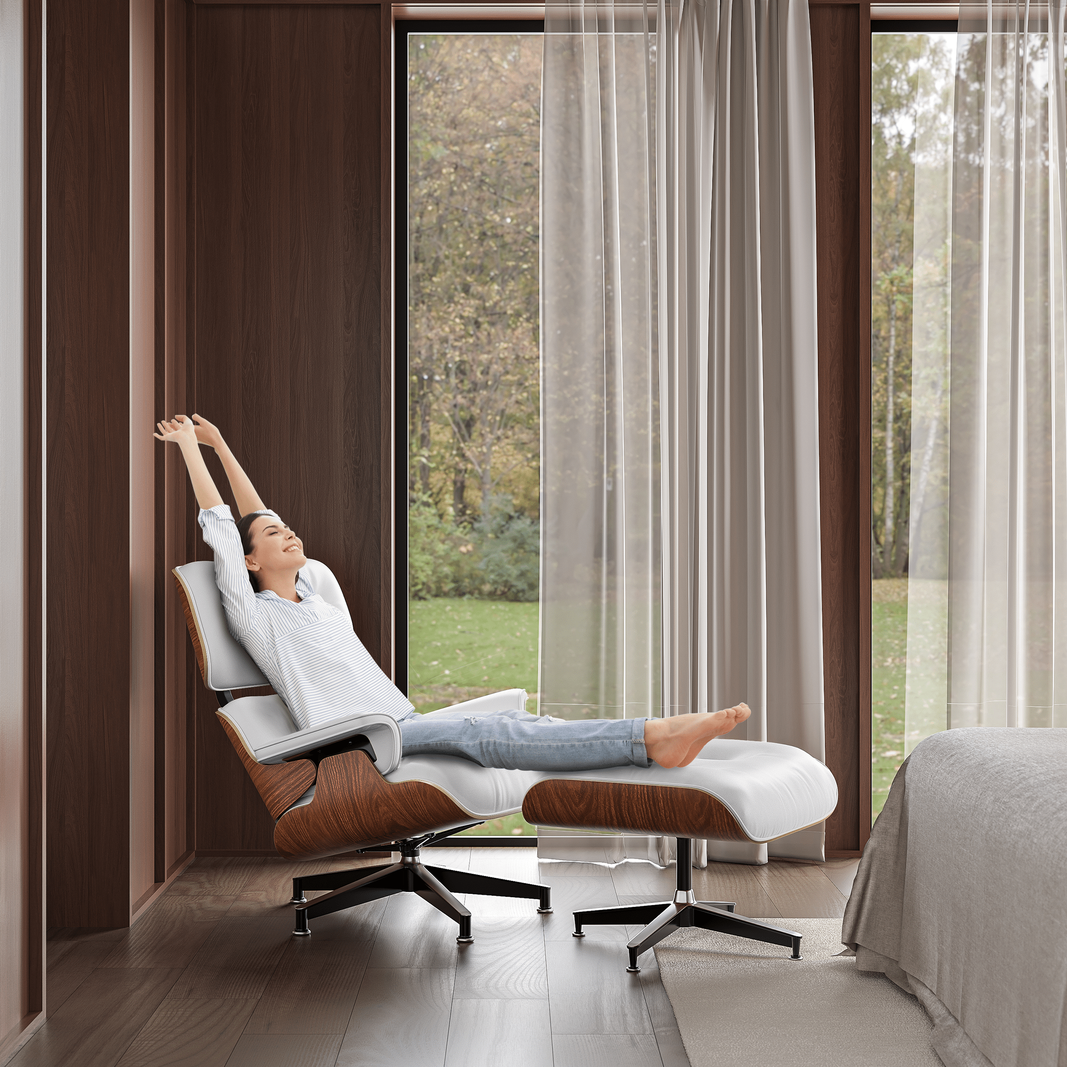 Mid - Century Lounge Chair and Ottoman - A+ Premium Taller - White - Vorthio