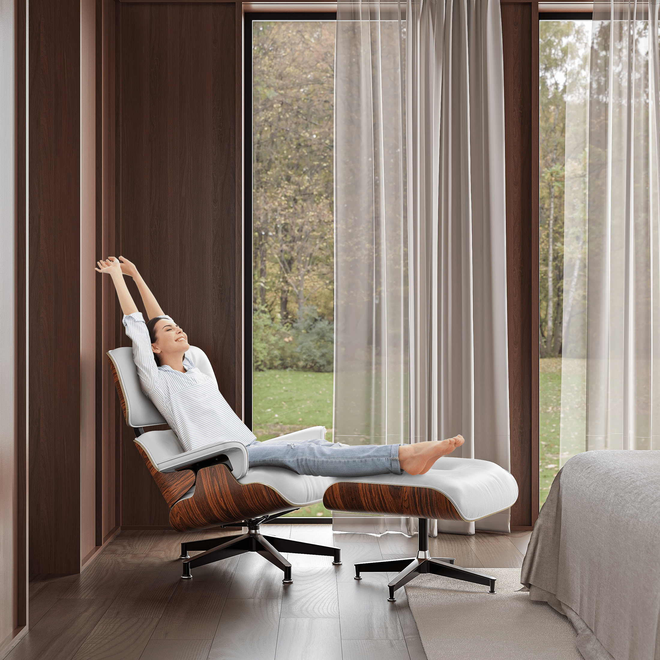 Mid - Century Lounge Chair and Ottoman - A+ Premium Taller - White - Vorthio