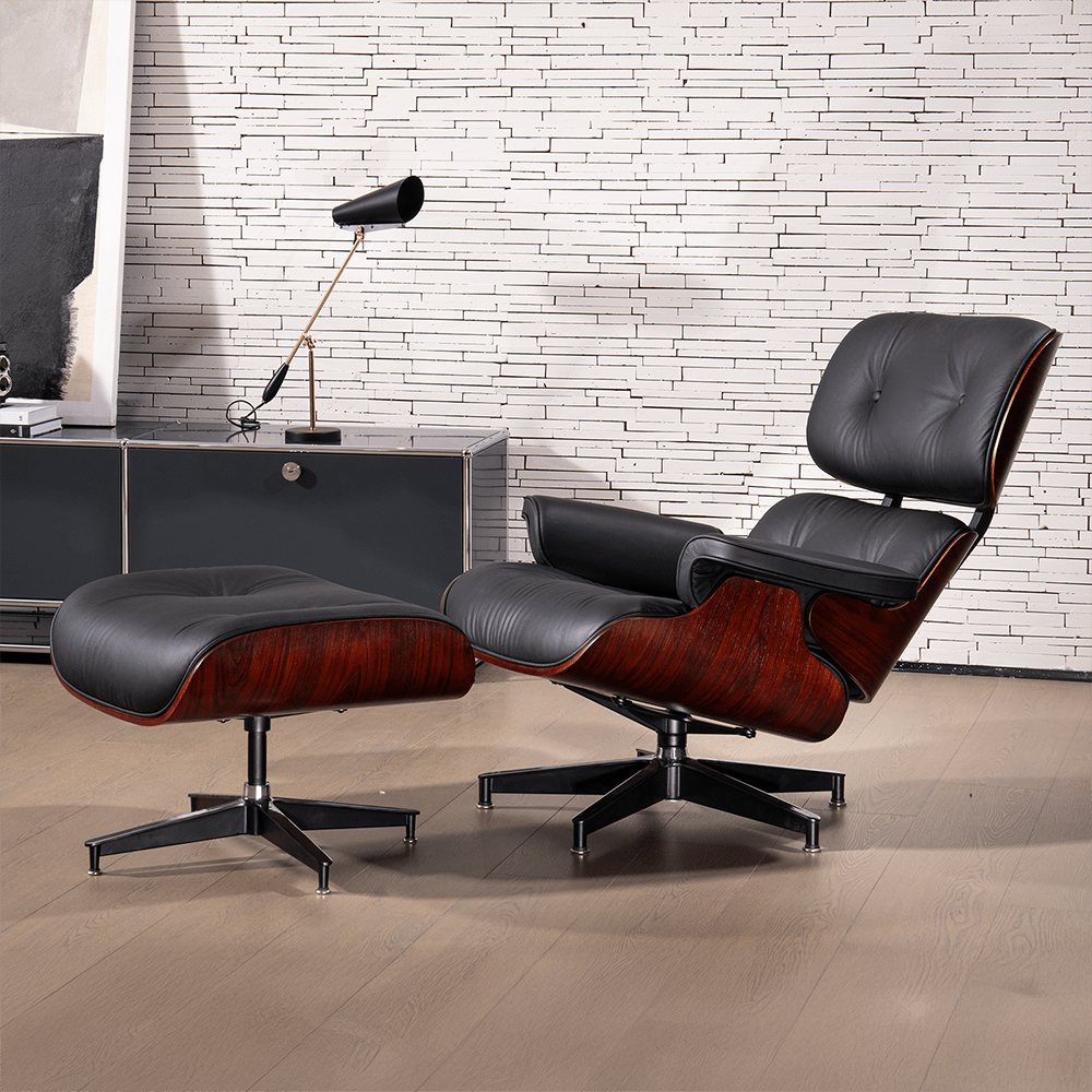 Mid - Century Lounge Chair and Ottoman - Taller Dark Rosewood - Black - Vorthio