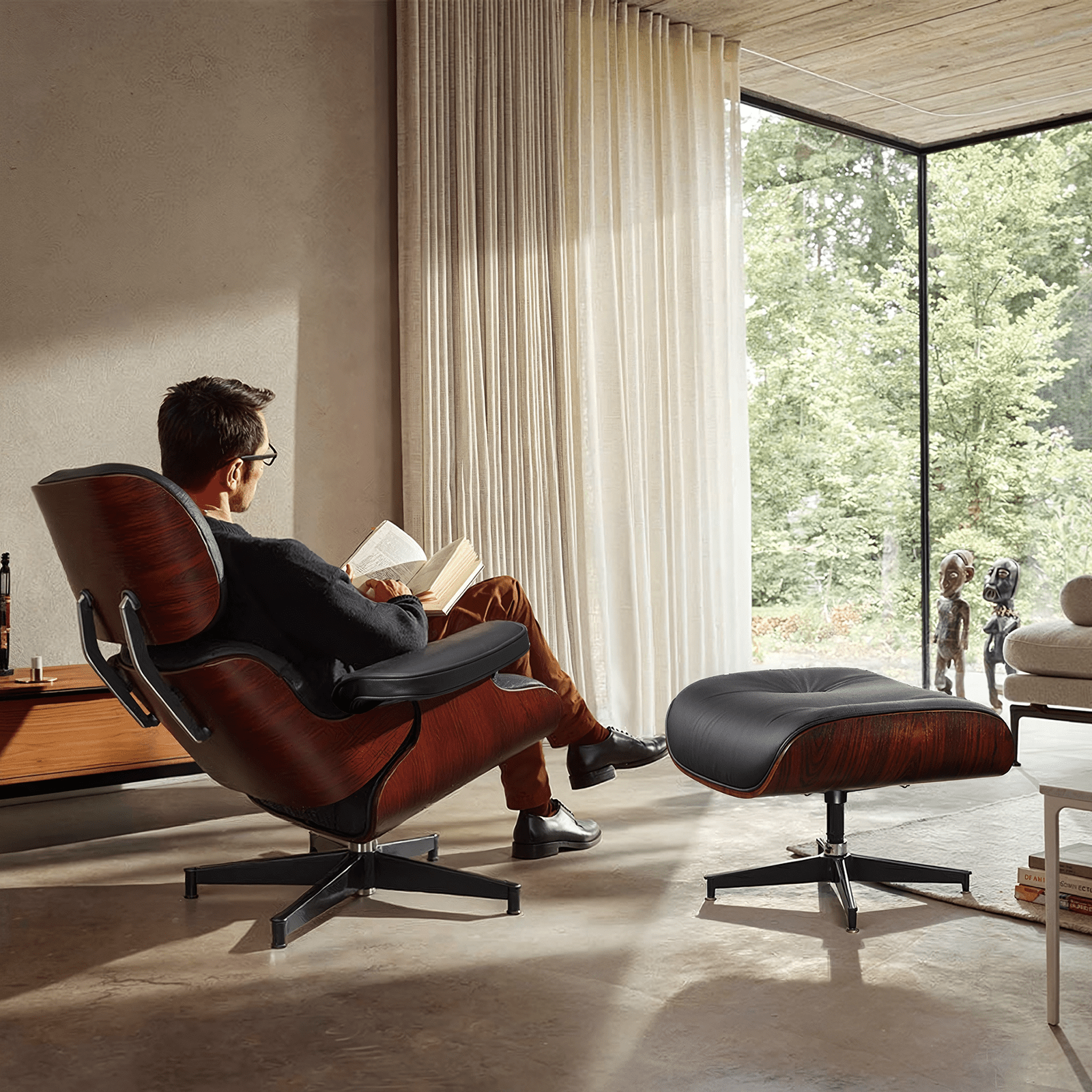 Mid - Century Lounge Chair and Ottoman - Taller Dark Rosewood - Black - Vorthio