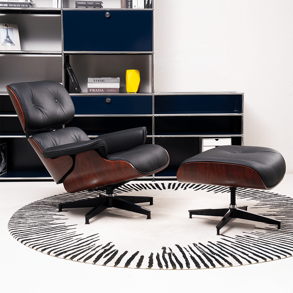 Mid - Century Lounge Chair and Ottoman - Taller Dark Rosewood - Black - Vorthio