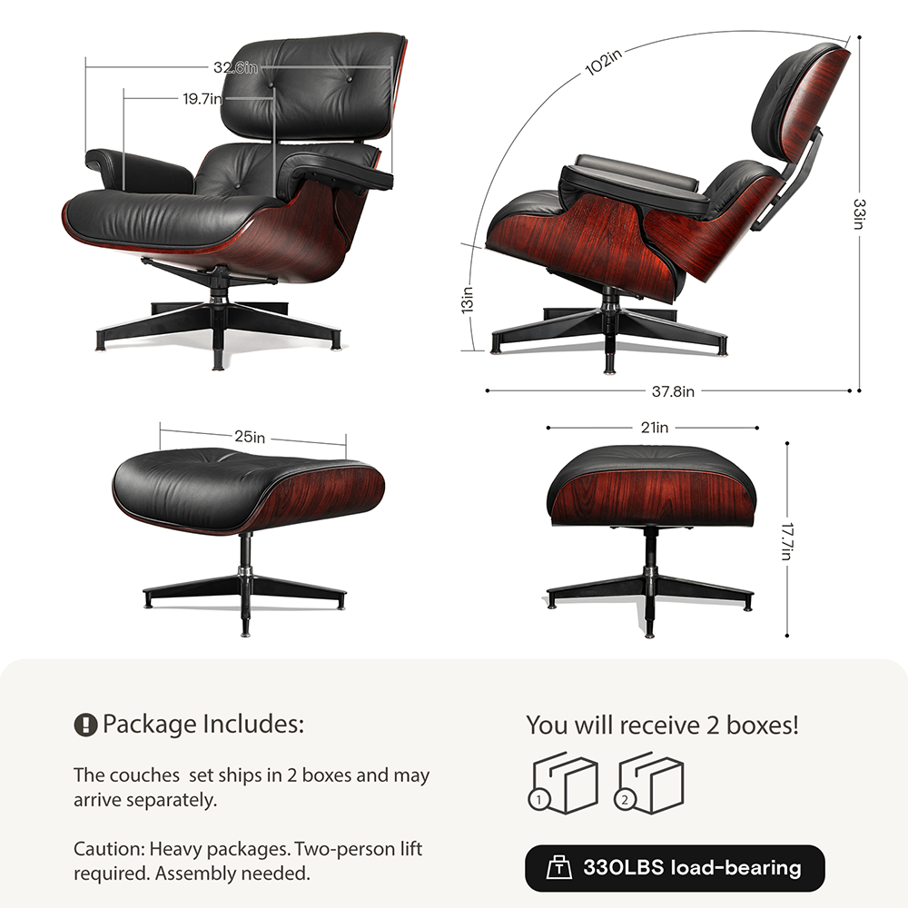 Mid - Century Lounge Chair and Ottoman - Taller Dark Rosewood - Black - Vorthio