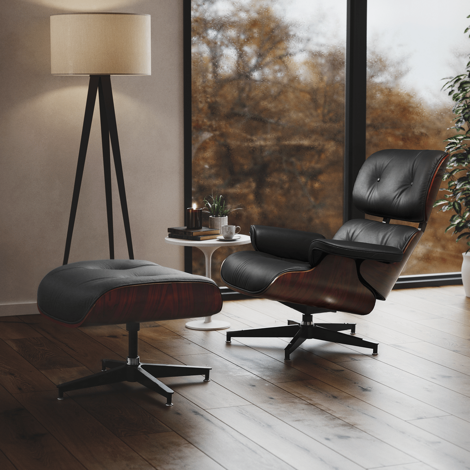 Mid - Century Lounge Chair and Ottoman - Taller Dark Rosewood - Black - Vorthio