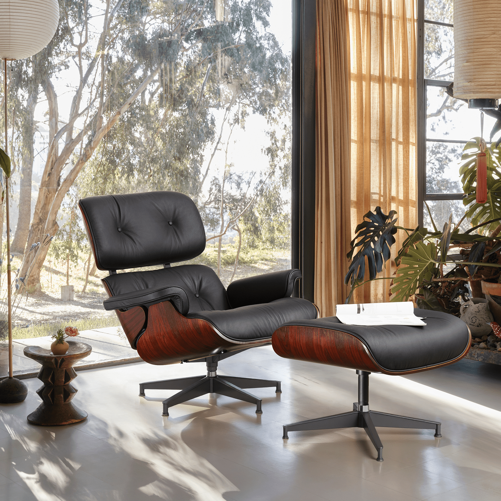 Mid - Century Lounge Chair and Ottoman - Taller Dark Rosewood - Black - Vorthio