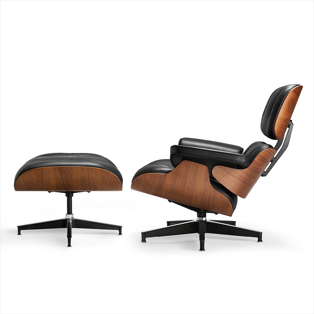 Mid - Century Lounge Chair and Ottoman - Taller - Walnut wood - Black - Vorthio