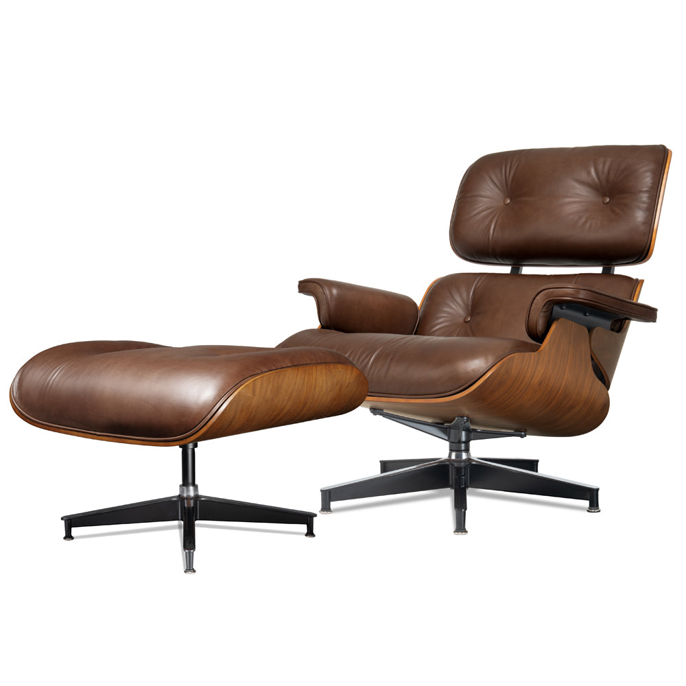Mid-Century Lounge Chair and Ottoman - A+ Premium - Taller - Walnut wood - Wax leather - Vintage Brown