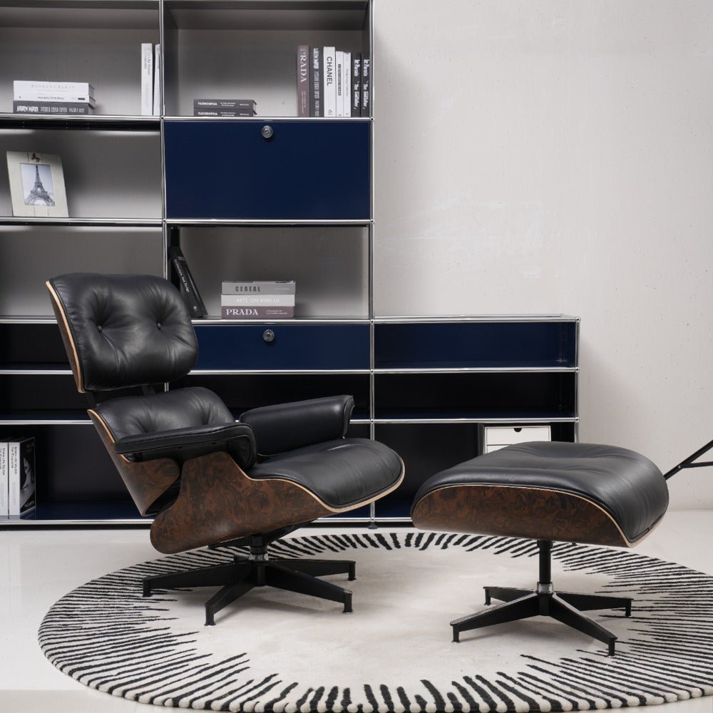 Retro Mid - Century Lounge Chair and Ottoman - A+ Premium Taller - BurlSwirl - Black - Vorthio