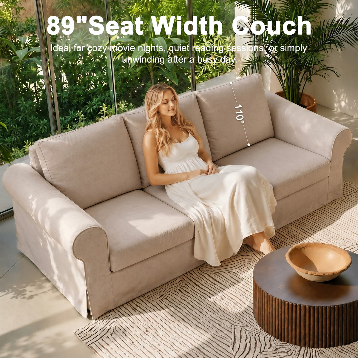 Vorthio Life 89" Farmhouse 3-Seater Sofa, Deep Seat Couch with High Back Support, Washable Removable Cover, Rolled Arms, Beige