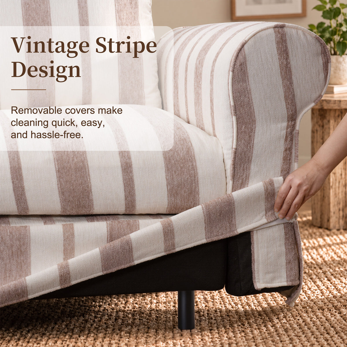 Vorthio 89" 3 Seater Couch for Living Room, Striped Chenille Beige Couch, Living Room Sofa with Deep Seat, Washable Cover, Beige