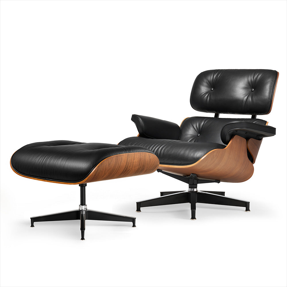 Mid-Century Lounge Chair and Ottoman - Taller - Walnut wood - Black