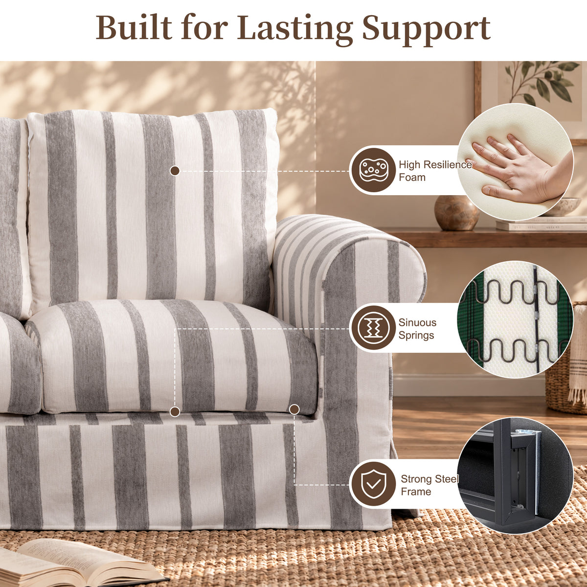 Vorthio 89" 3 Seater Couch for Living Room, Farmhouse Striped Chenille Couch, Living Room Sofa with Deep Seat, Washable Cover, Light Gray