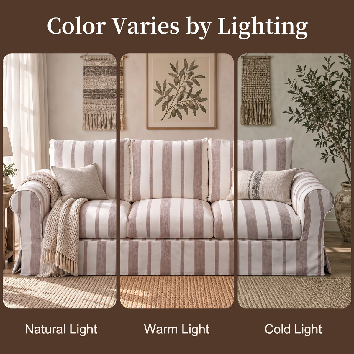 Vorthio 89" 3 Seater Couch for Living Room, Striped Chenille Beige Couch, Living Room Sofa with Deep Seat, Washable Cover, Beige