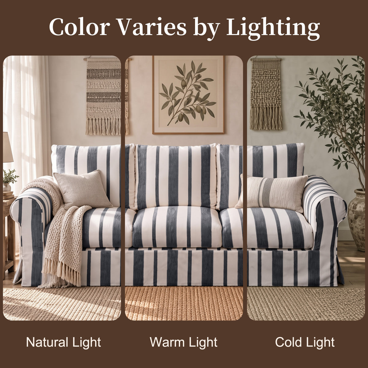 Vorthio 89" 3 Seater Couch for Living Room, Farmhouse Striped Chenille Couch, Living Room Sofa with Deep Seat, Washable Cover, Charcoal
