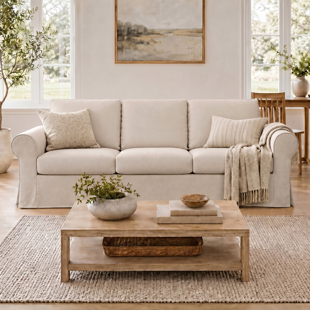 Vorthio Life 89" Farmhouse 3-Seater Sofa, Deep Seat Couch with High Back Support, Washable Removable Cover, Rolled Arms, Beige