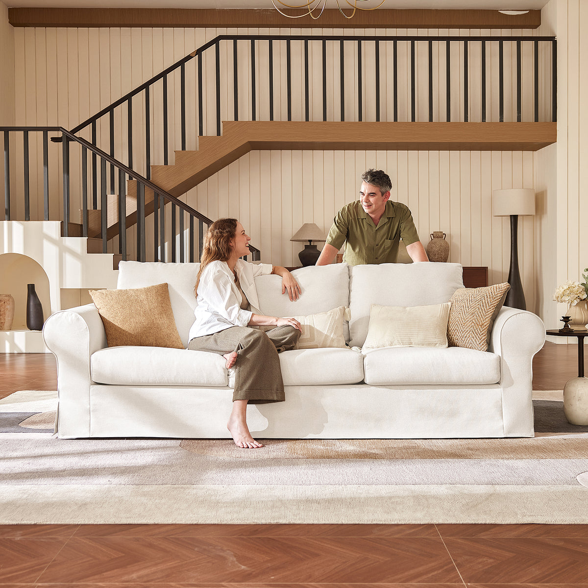 Vorthio 89" 3-Seater Couch for Living Room, Contemporary Fabric Sofa with Rolled Arm, White