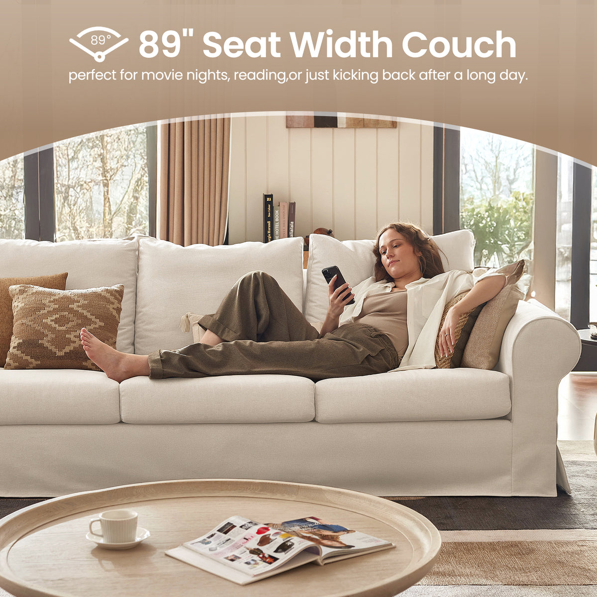 Vorthio 89" 3-Seater Couch for Living Room, Contemporary Fabric Sofa with Rolled Arm, White