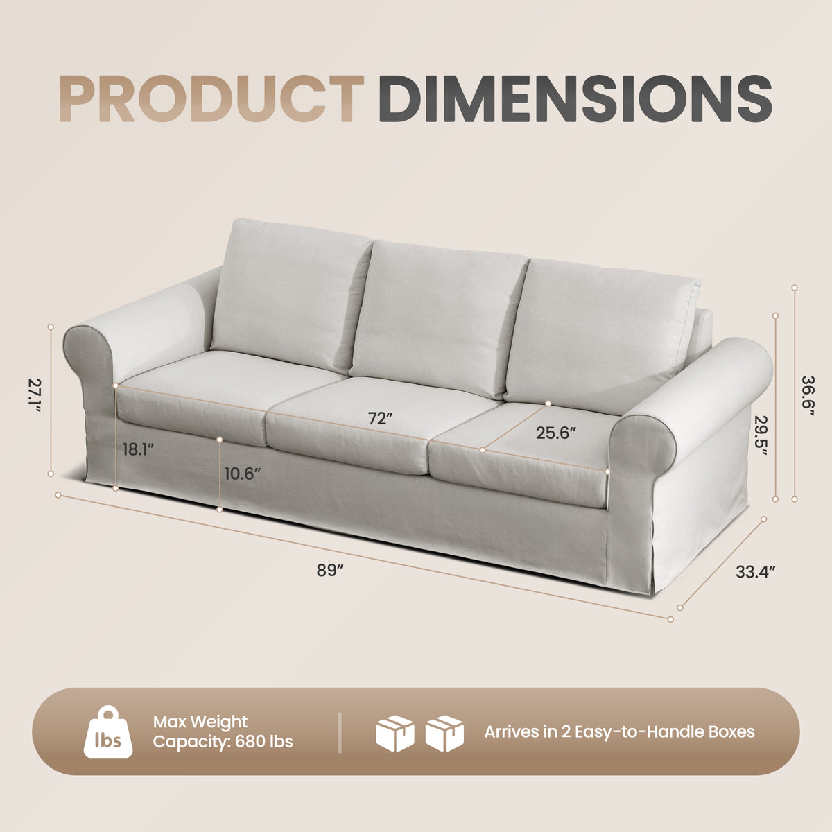 Vorthio 89" 3-Seater Couch for Living Room, Contemporary Fabric Sofa with Rolled Arm, Gray