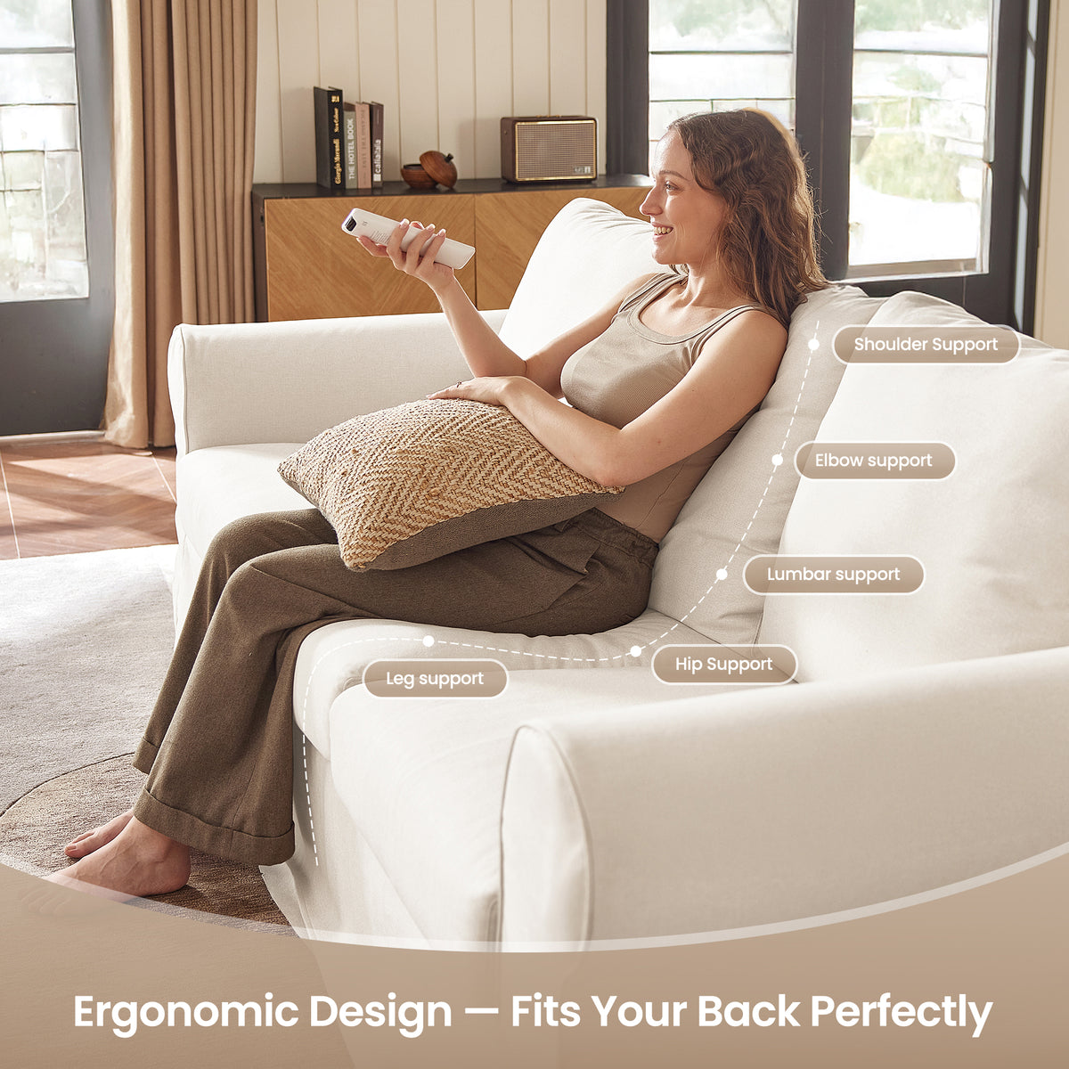 Vorthio 89" 3-Seater Couch for Living Room, Contemporary Fabric Sofa with Rolled Arm, White