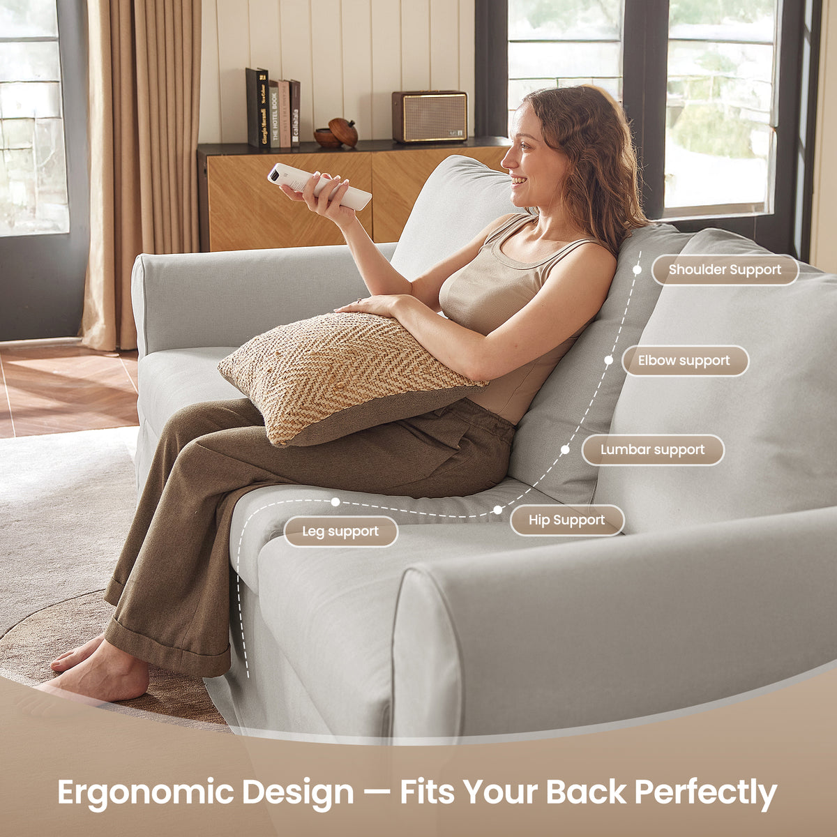 Vorthio 89" 3-Seater Couch for Living Room, Contemporary Fabric Sofa with Rolled Arm, Gray