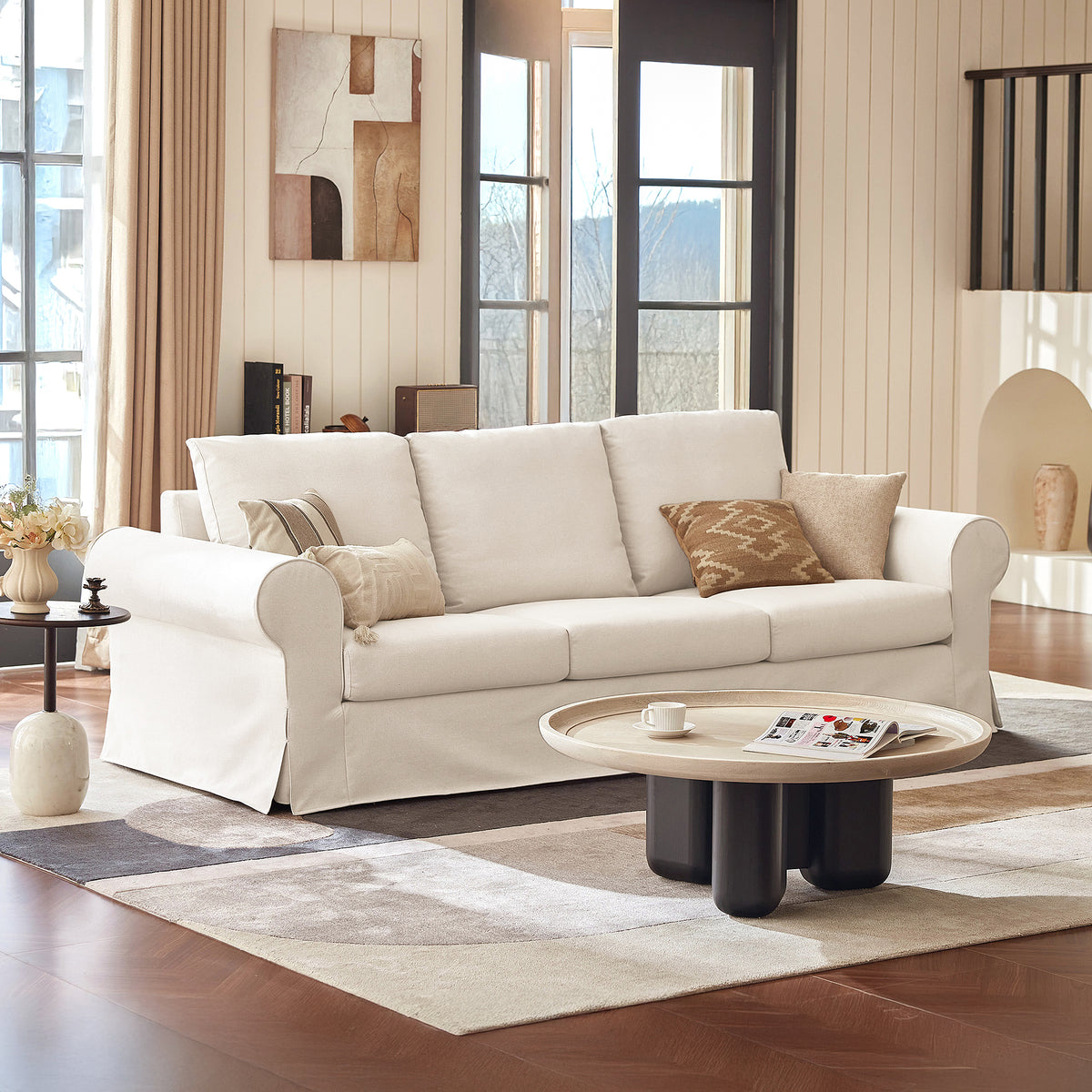 Vorthio 89" 3-Seater Couch for Living Room, Contemporary Fabric Sofa with Rolled Arm, White