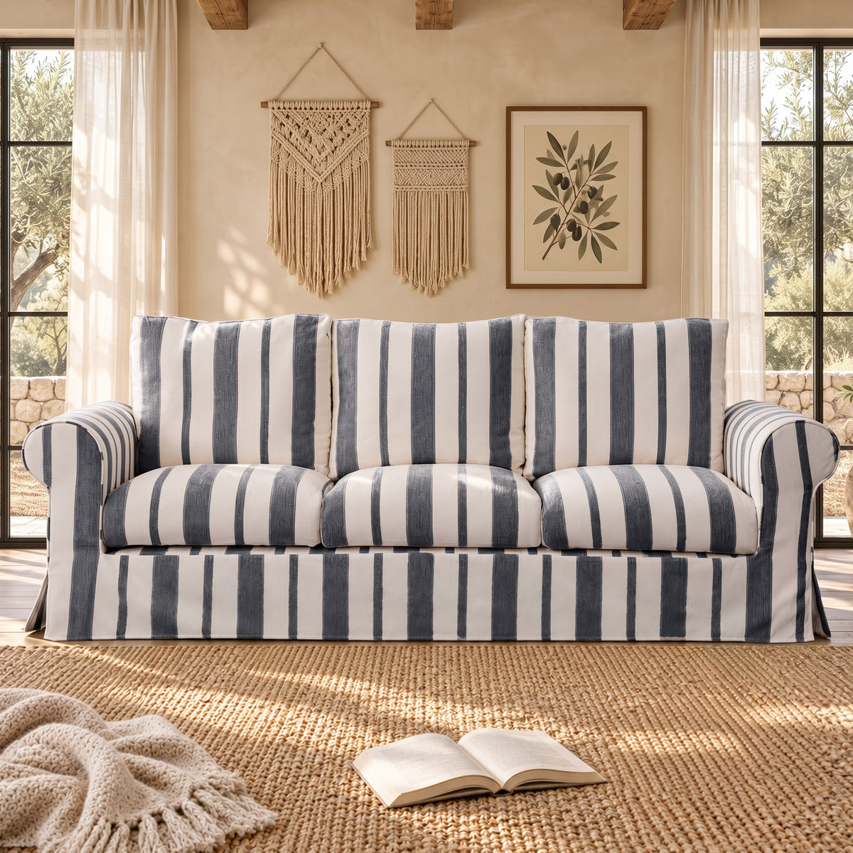 Vorthio 89" 3 Seater Couch for Living Room, Farmhouse Striped Chenille Couch, Living Room Sofa with Deep Seat, Washable Cover, Charcoal