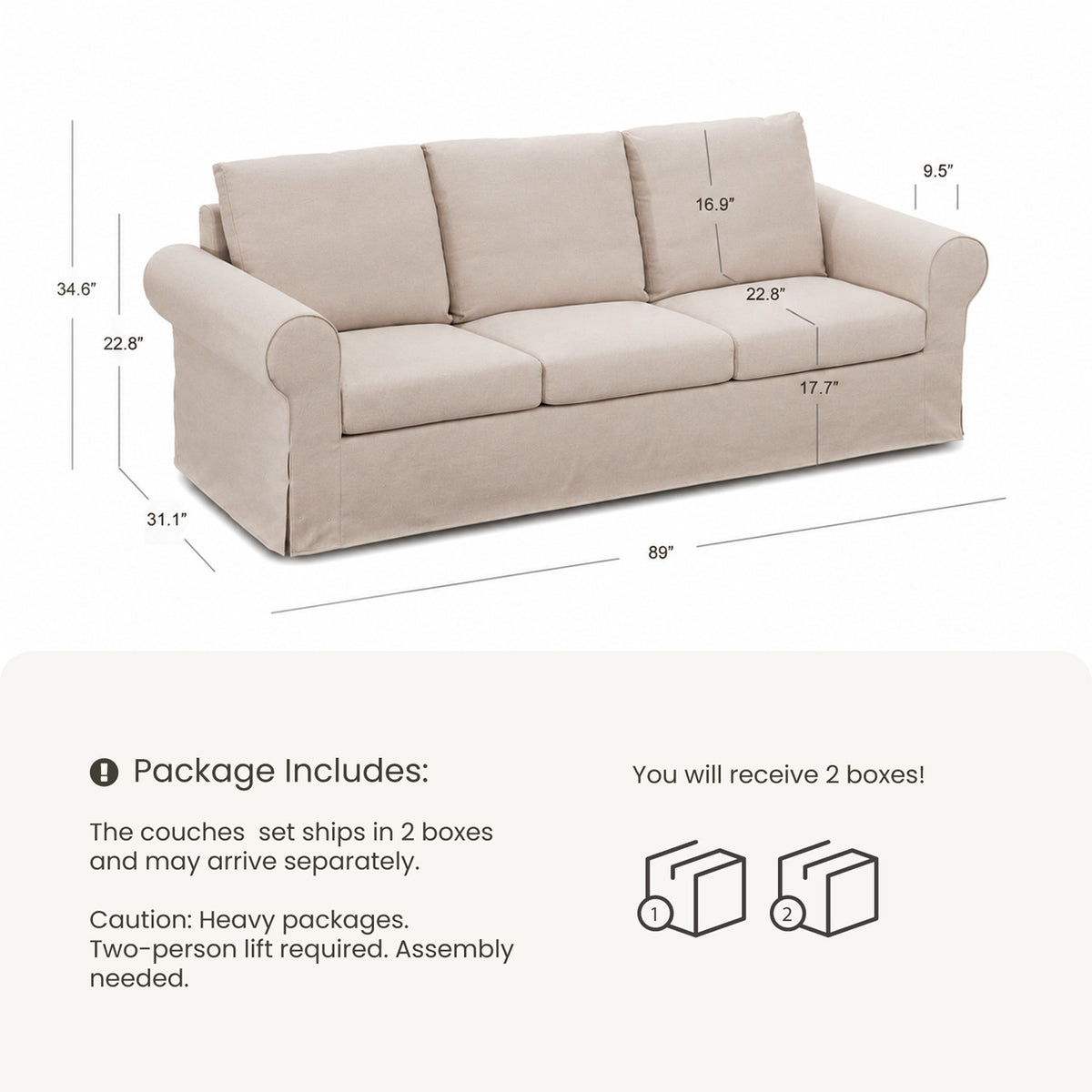 89" Farmhouse 3-Seater Sofa, Deep Seat Couch with High Back Support, Washable Removable Cover, Rolled Arms, Beige
