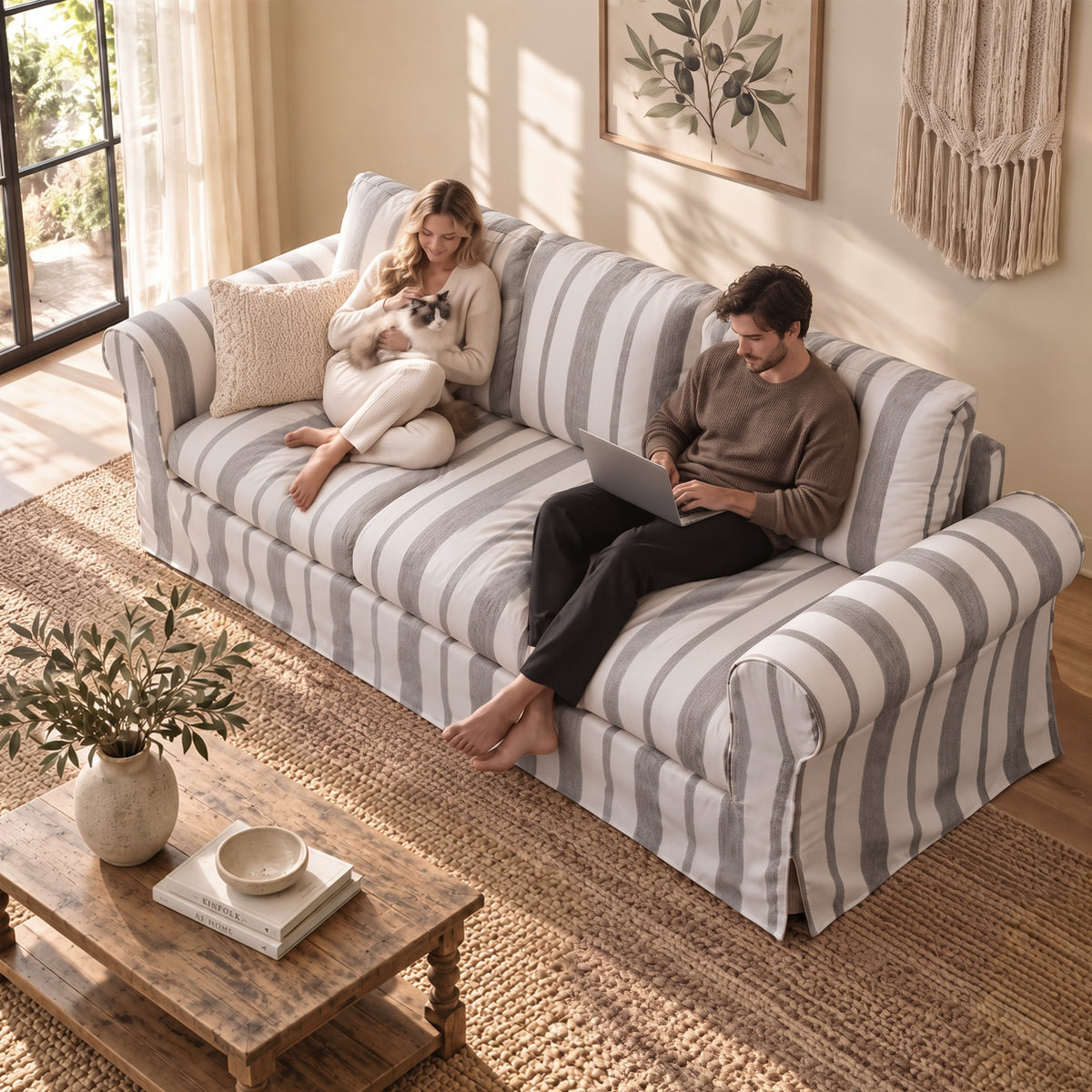 Vorthio 89" 3 Seater Couch for Living Room, Farmhouse Striped Chenille Couch, Living Room Sofa with Deep Seat, Washable Cover, Light Gray