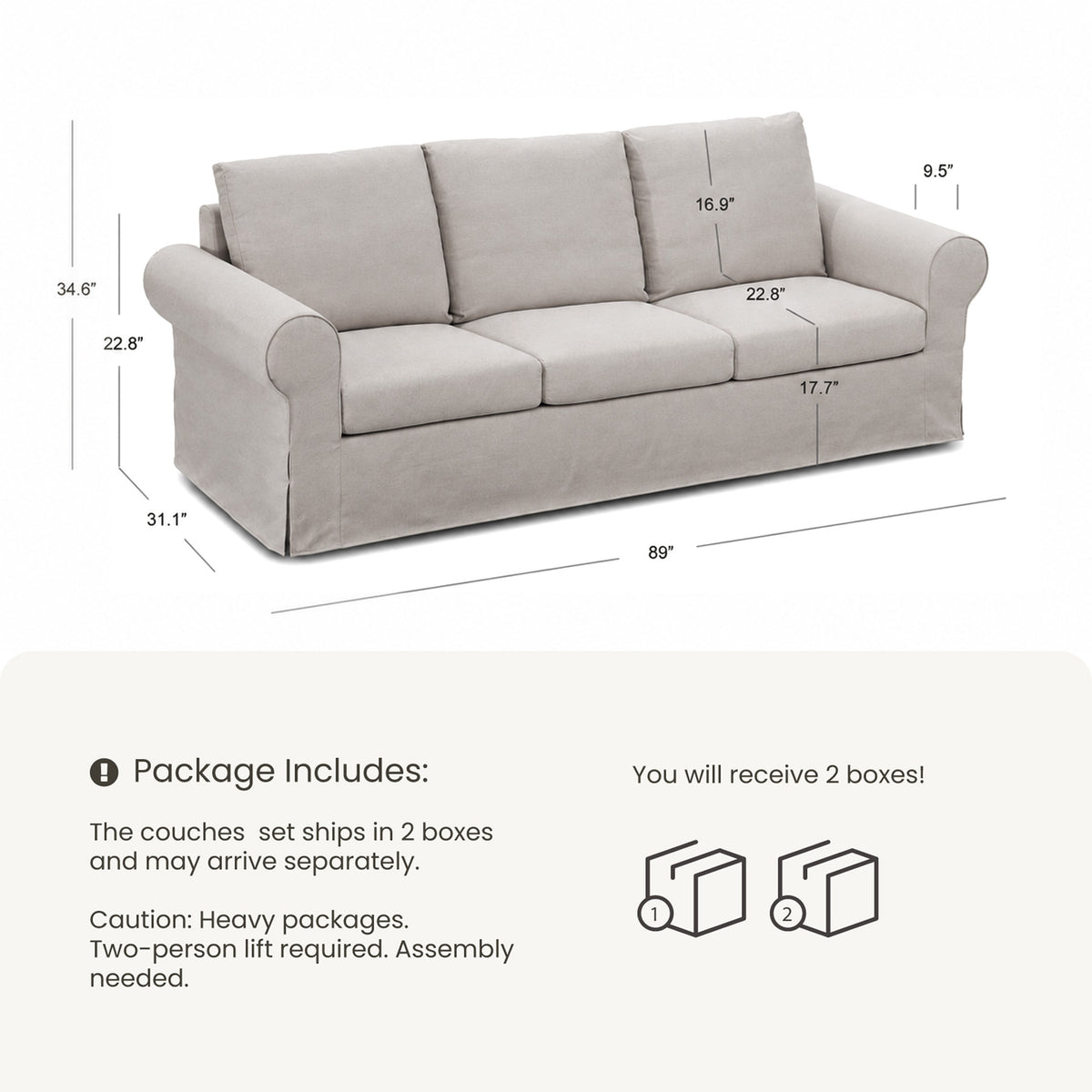 89" Farmhouse 3-Seater Sofa, Deep Seat Couch with High Back Support, Washable Removable Cover, Rolled Arms, Gray