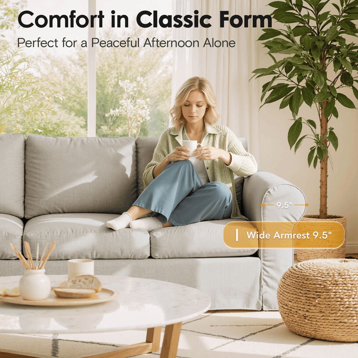 89" Farmhouse 3-Seater Sofa, Deep Seat Couch with High Back Support, Washable Removable Cover, Rolled Arms, Gray