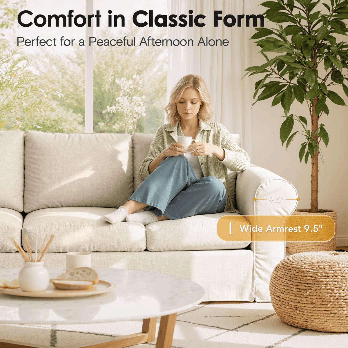Vorthio 3-Seater Farmhouse Sofa, Deep Seat Couch with High Back Support, Removable Washable Cover, Beige