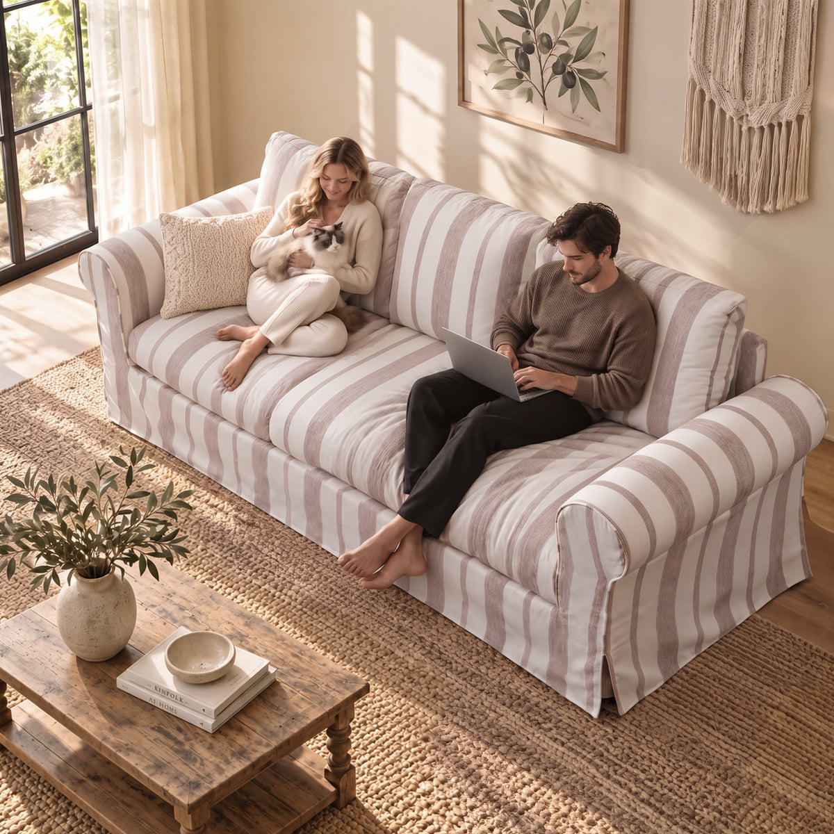 Vorthio 89" 3 Seater Couch for Living Room, Striped Chenille Beige Couch, Living Room Sofa with Deep Seat, Washable Cover, Beige