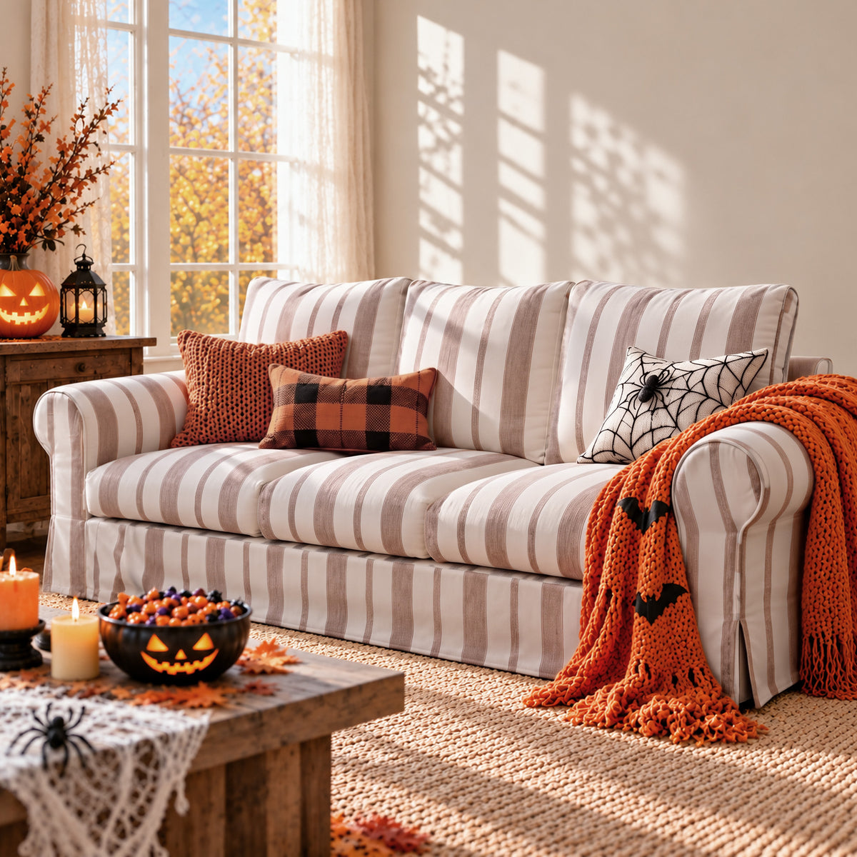 Vorthio 89" 3 Seater Couch for Living Room, Farmhouse Striped Chenille Couch, Living Room Sofa with Deep Seat, Washable Cover, Light Gray