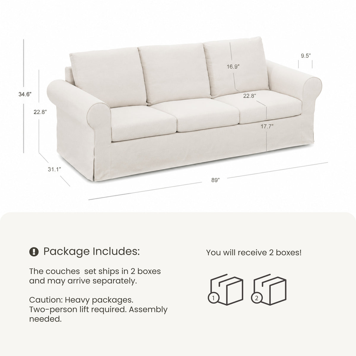 Vorthio 3-Seater Farmhouse Sofa, Deep Seat Couch with High Back Support, Removable Washable Cover, Beige