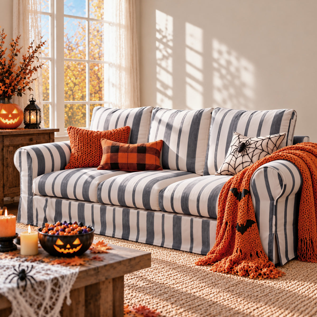 Vorthio 89" 3 Seater Couch for Living Room, Farmhouse Striped Chenille Couch, Living Room Sofa with Deep Seat, Washable Cover, Charcoal