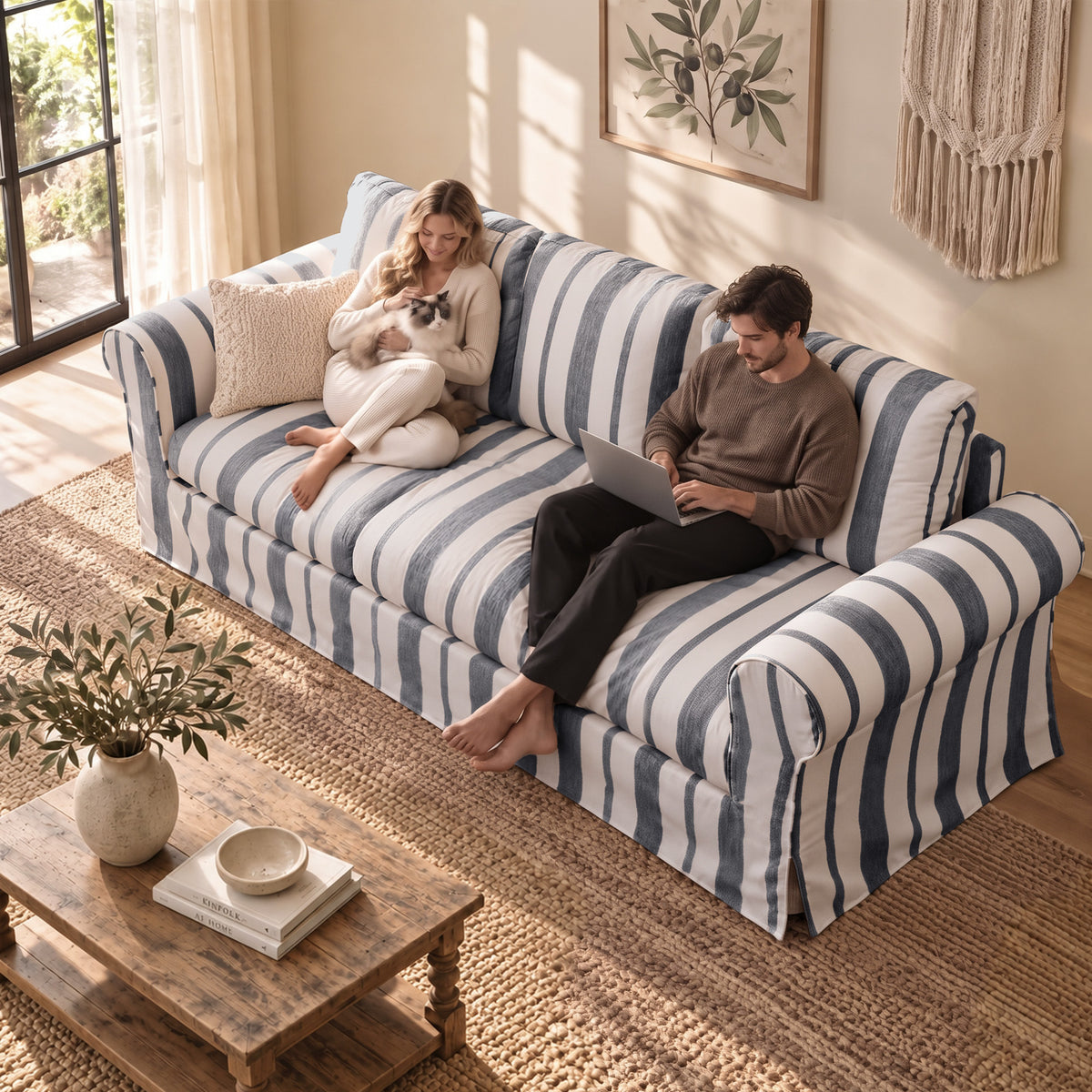 Vorthio 89" 3 Seater Couch for Living Room, Farmhouse Striped Chenille Couch, Living Room Sofa with Deep Seat, Washable Cover, Charcoal