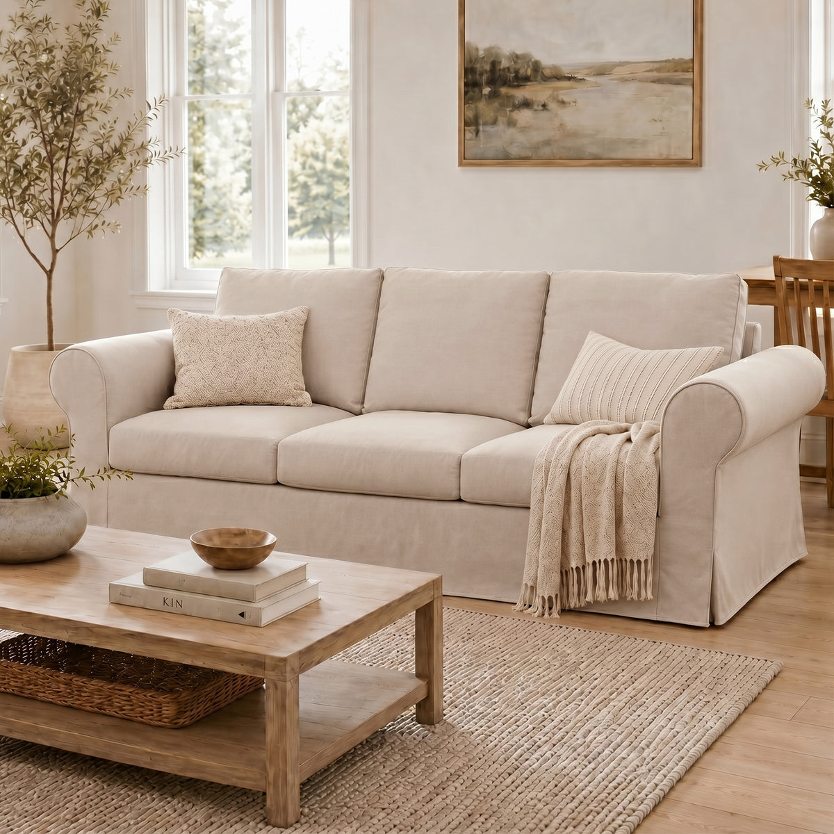 Vorthio Life 89" Farmhouse 3-Seater Sofa, Deep Seat Couch with High Back Support, Washable Removable Cover, Rolled Arms, Beige