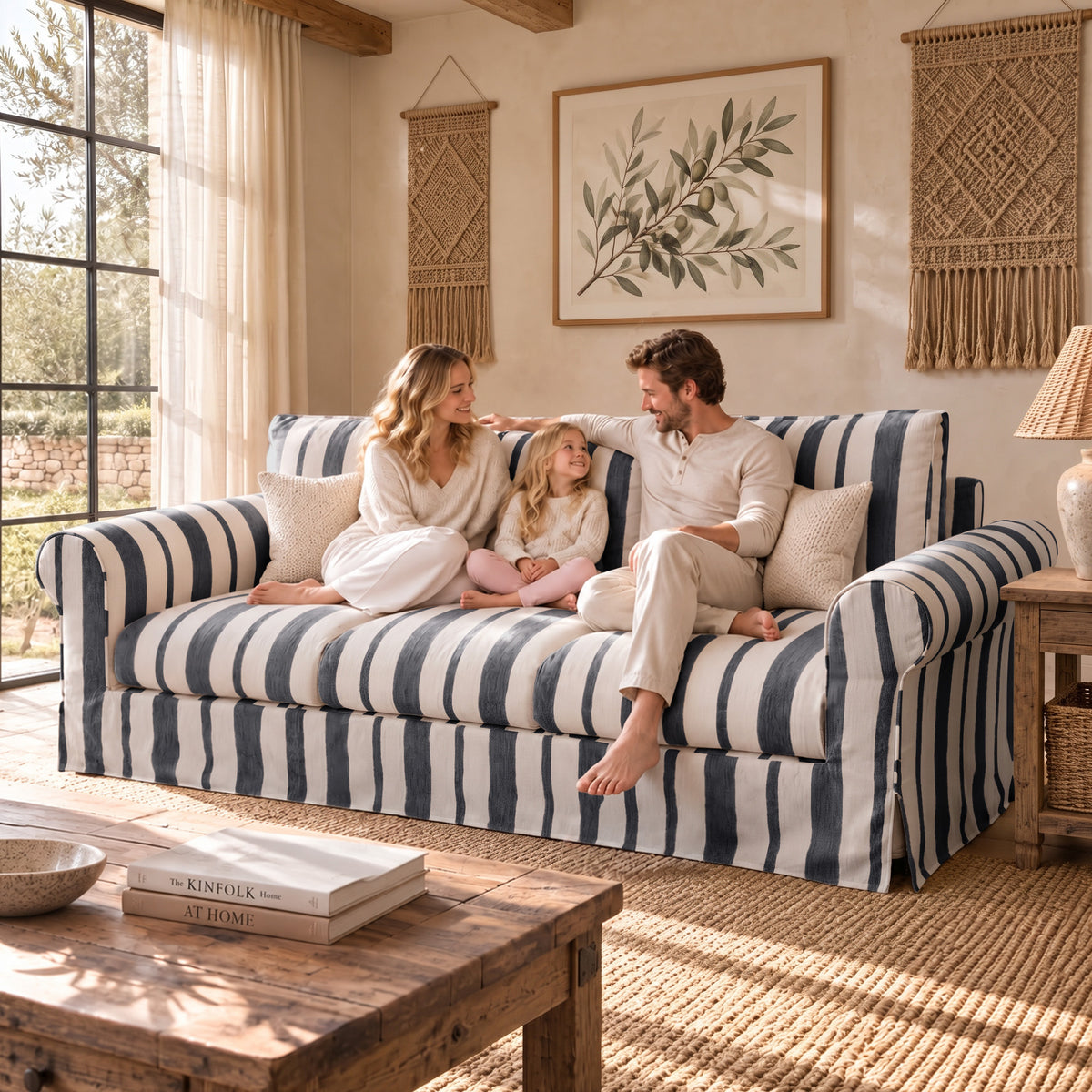 Vorthio 89" 3 Seater Couch for Living Room, Farmhouse Striped Chenille Couch, Living Room Sofa with Deep Seat, Washable Cover, Charcoal