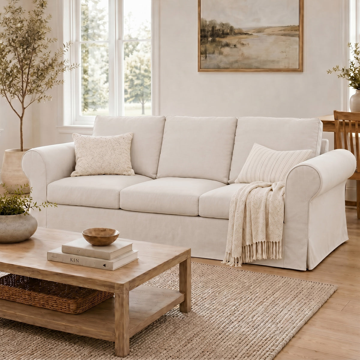Vorthio Life 89" Farmhouse 3-Seater Sofa, Deep Seat Couch with High Back Support, Washable Removable Cover, Rolled Arms, White