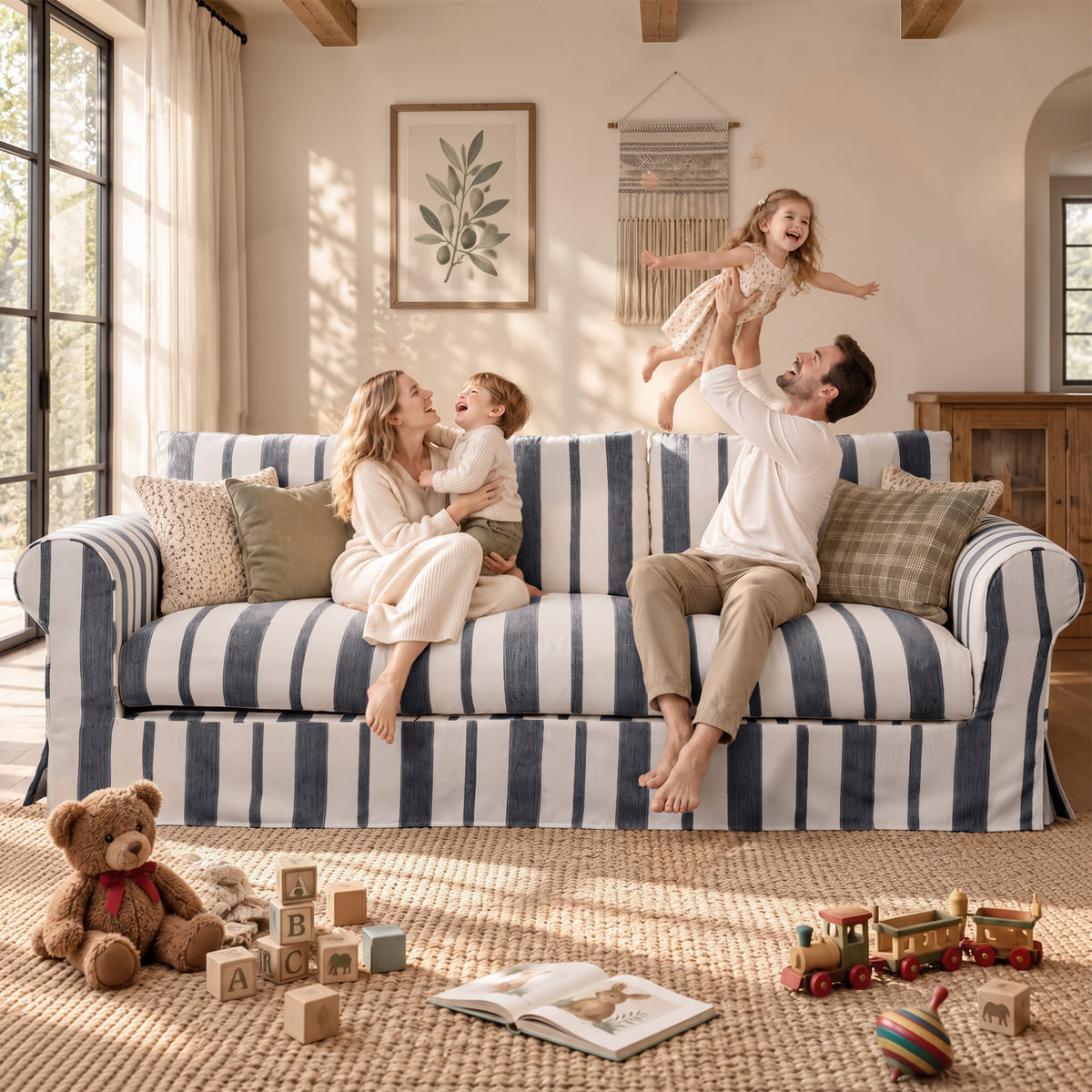 Vorthio 89" 3 Seater Couch for Living Room, Farmhouse Striped Chenille Couch, Living Room Sofa with Deep Seat, Washable Cover, Charcoal