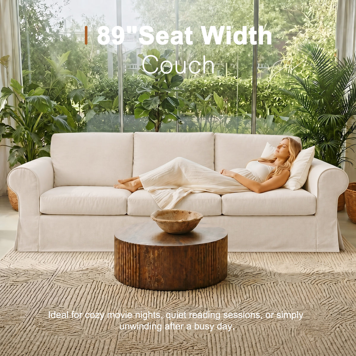 Vorthio Life 89" Farmhouse 3-Seater Sofa, Deep Seat Couch with High Back Support, Washable Removable Cover, Rolled Arms, White