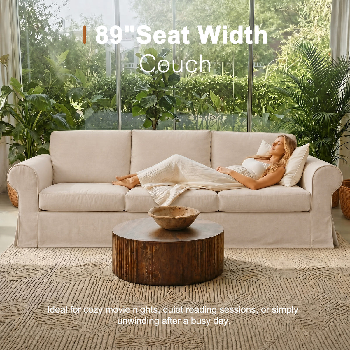 Vorthio Life 89" Farmhouse 3-Seater Sofa, Deep Seat Couch with High Back Support, Washable Removable Cover, Rolled Arms, Beige