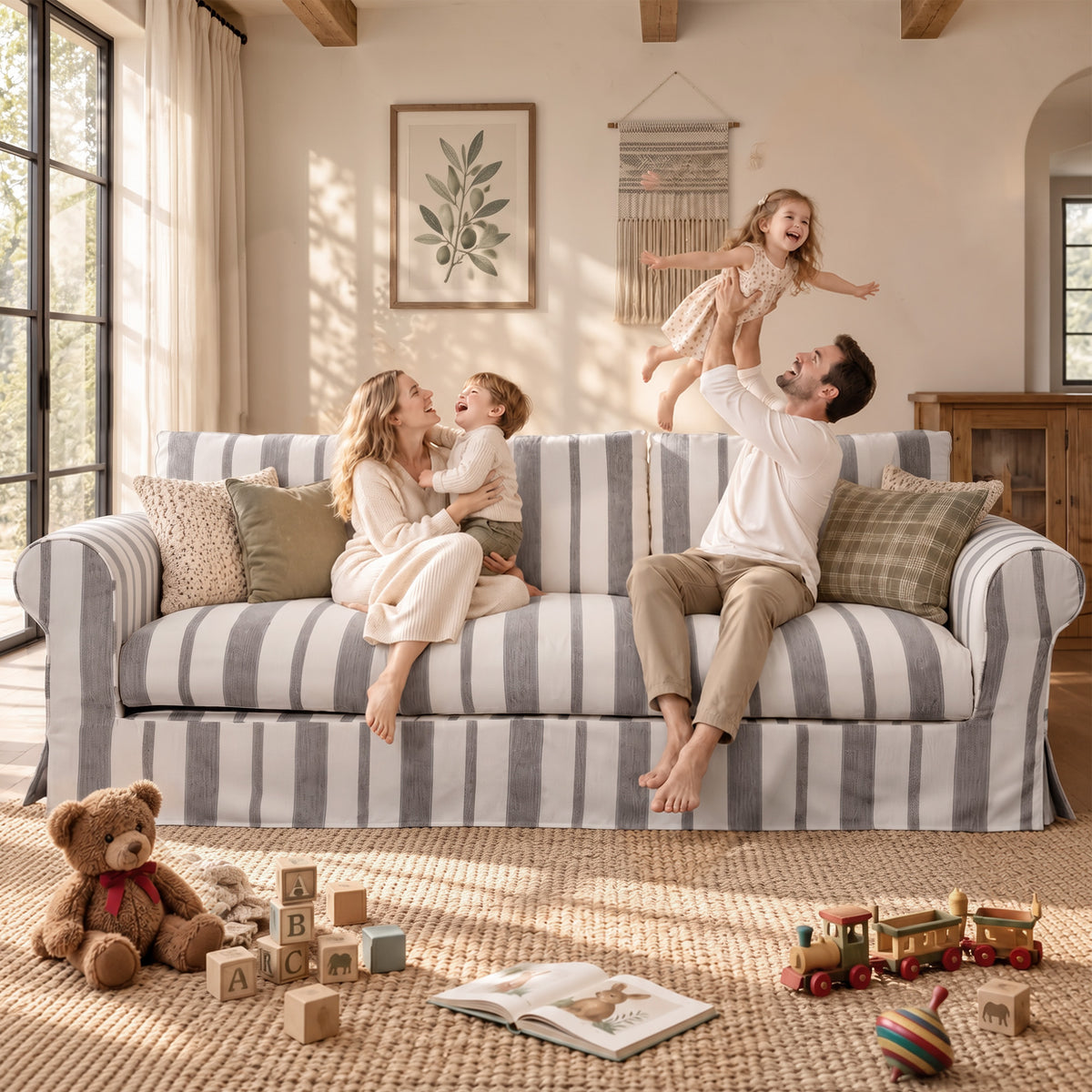 Vorthio 89" 3 Seater Couch for Living Room, Farmhouse Striped Chenille Couch, Living Room Sofa with Deep Seat, Washable Cover, Light Gray