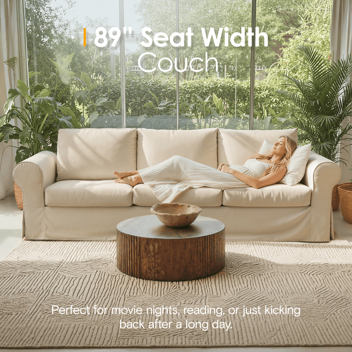 89" Farmhouse 3-Seater Sofa, Deep Seat Couch with High Back Support, Washable Removable Cover, Rolled Arms, Beige