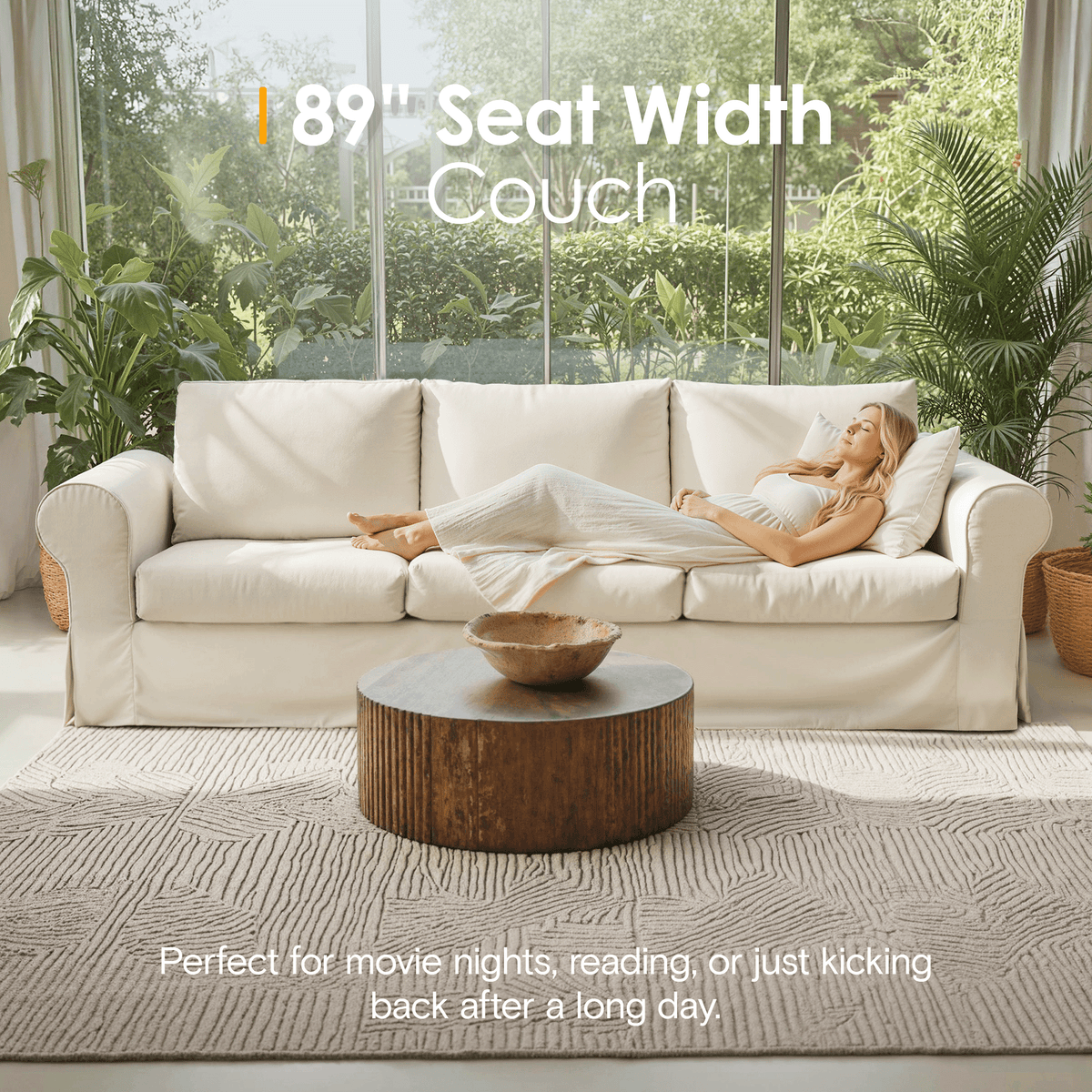 Vorthio 3-Seater Farmhouse Sofa, Deep Seat Couch with High Back Support, Removable Washable Cover, Beige