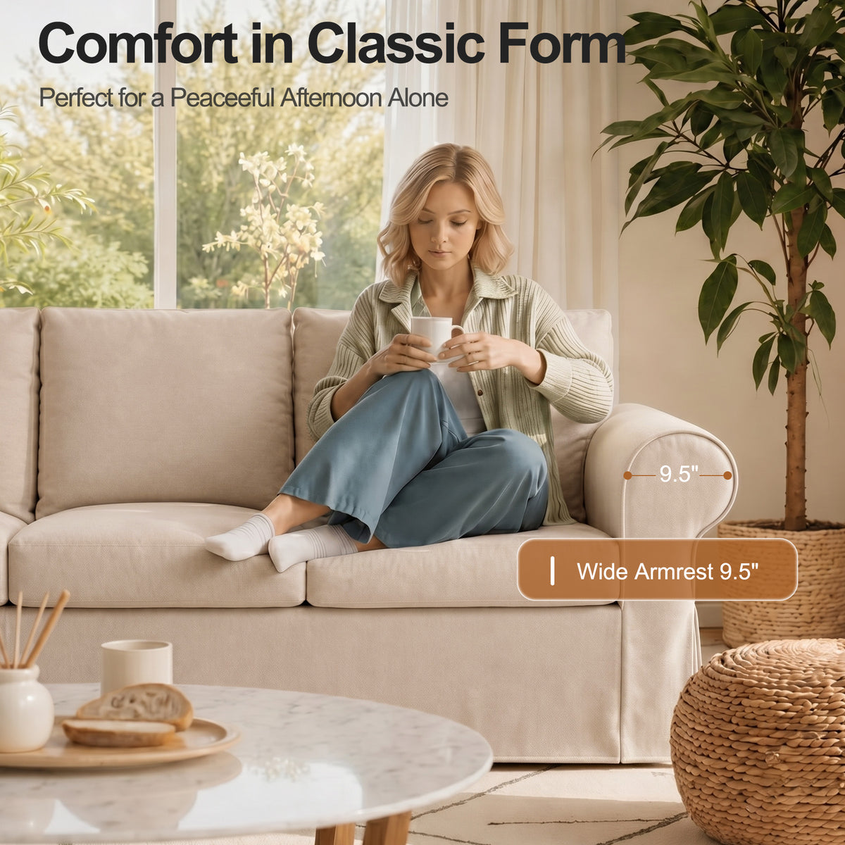 Vorthio Life 89" Farmhouse 3-Seater Sofa, Deep Seat Couch with High Back Support, Washable Removable Cover, Rolled Arms, Beige