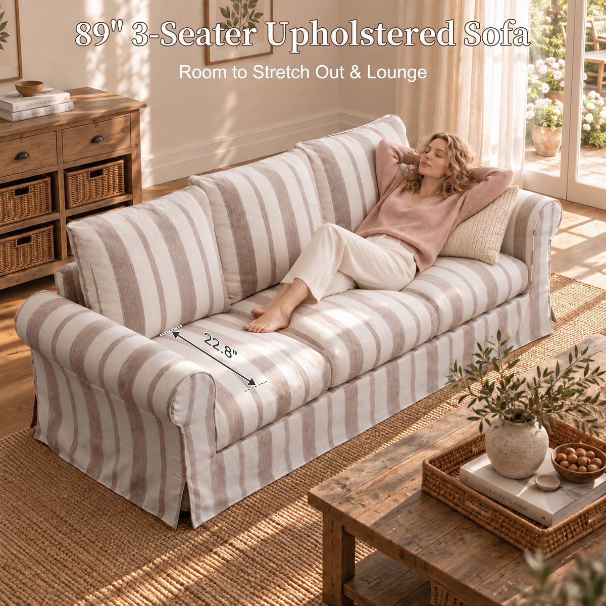 Vorthio 89" 3 Seater Couch for Living Room, Striped Chenille Beige Couch, Living Room Sofa with Deep Seat, Washable Cover, Beige