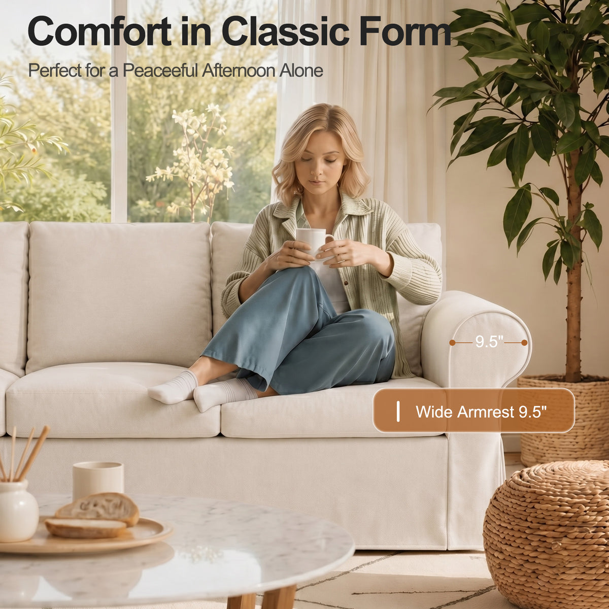Vorthio Life 89" Farmhouse 3-Seater Sofa, Deep Seat Couch with High Back Support, Washable Removable Cover, Rolled Arms, White