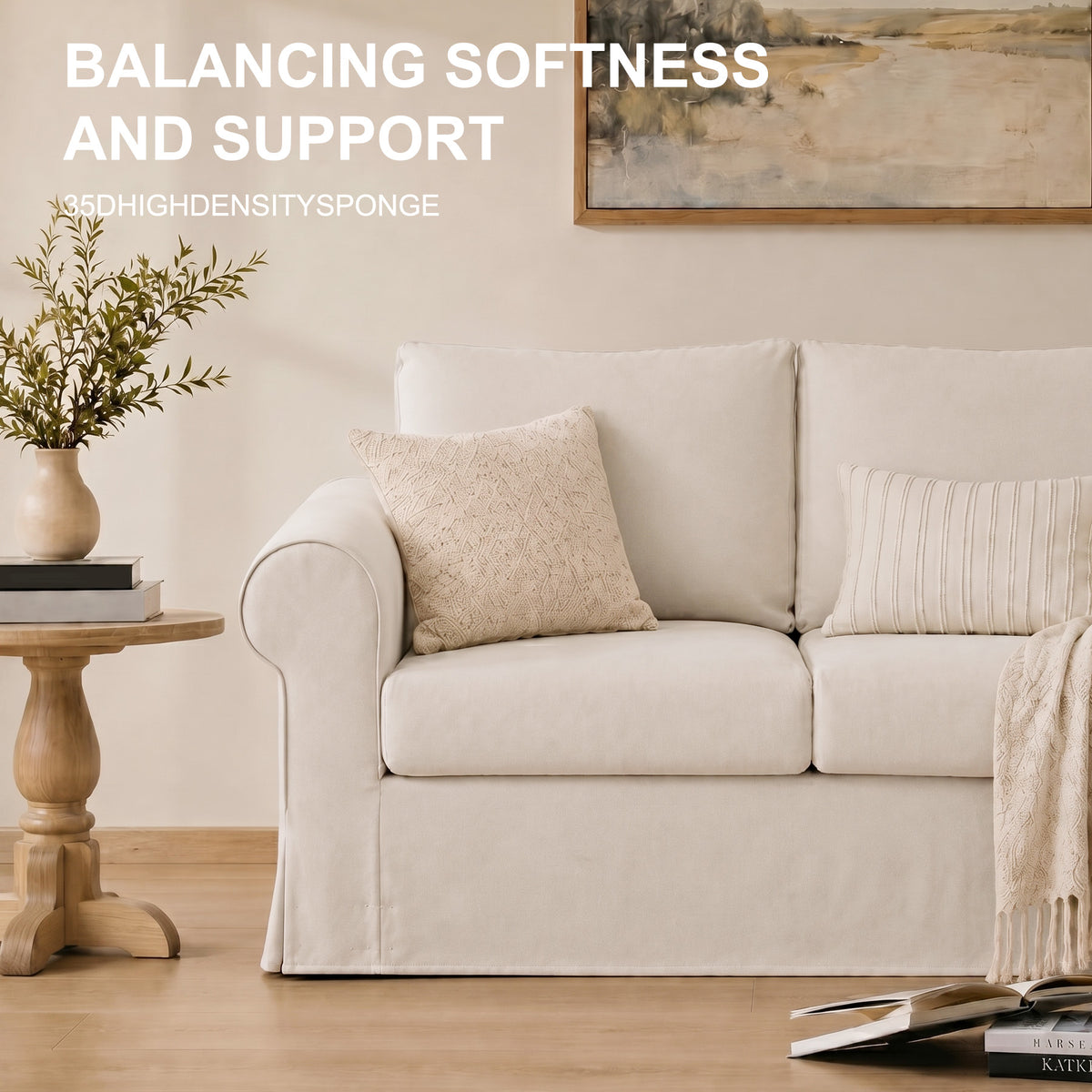 Vorthio Life 89" Farmhouse 3-Seater Sofa, Deep Seat Couch with High Back Support, Washable Removable Cover, Rolled Arms, White