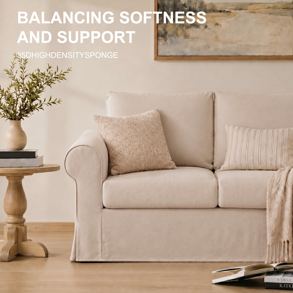 Vorthio Life 89" Farmhouse 3-Seater Sofa, Deep Seat Couch with High Back Support, Washable Removable Cover, Rolled Arms, Beige